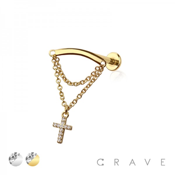 MULTI CZ CROSS DANGLE CHAIN TOP 316L SURGICAL STEEL THREADLESS (PUSH IN ) LABRET SET